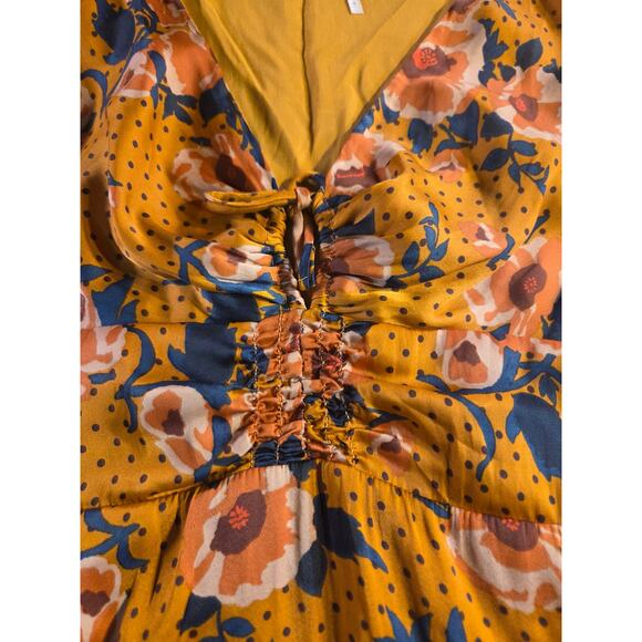 Free People Mustard Yellow Floral Long Sleeve Knee Length Dress Size 4 Elastic - Picture 7 of 15